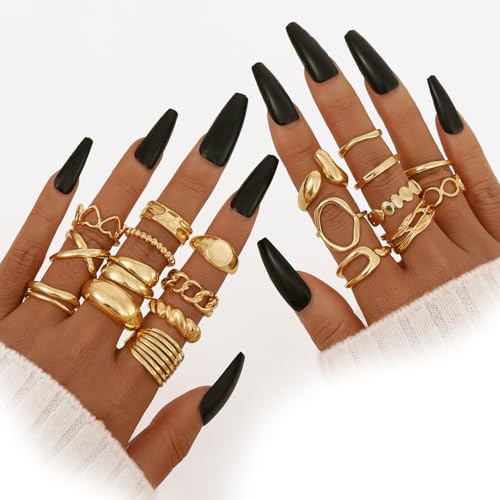KISS WIFE Stackable Rings for Women Gold Silver Chunky Statement Ring Set, Boho Vintage Knuckle Rings, Mixed Size Fashion Rings, Gold Plated Alloy Stackable Jewelry Gift