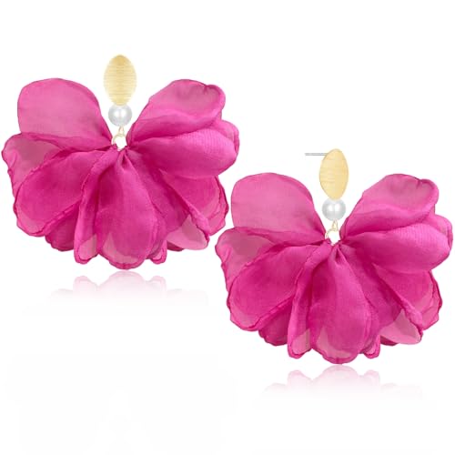 Handmade Fabric Flower Petal Fringe Dangle Drop Earrings Bohemian Floral Tassel Stud Earrings For Women - color: Rose Red