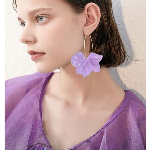 Exaggerated Bohemian Resin Rose Flower Petal Dangle Drop Earrings Long Acrylic Tiered Floral Tassel Earring for Women - color: Pearl Purple