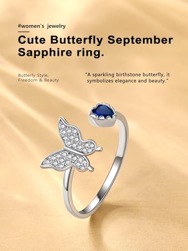 Bestyle 925 Sterling Silver Butterfly Ring Hypoallergnic Adjustable Birthstone Rings for Women Butterfly Jewelry Gifts for Anniversary Mothers' Day Birthday - color: 09.September (Sapphire)-Ring Delicate