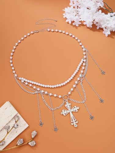 Ayliss Gothic Cross Waist Chain Belt Goth Punk Belt Pearl Beaded Belly Emo Y2k Grunge Accessories for Halloween Cosutme