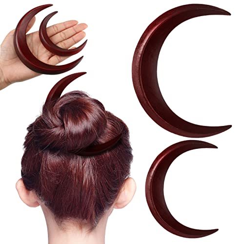 Hand Carved Crescent Moon Hair Accessories for Styling - 2 Wooden Hairpins and Hair Sticks for Women, 2 Sizes (Red) - color: Red