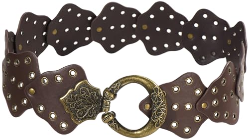 Wide Disc Belt for Women Vintage Leather Hollow Out Round Belt Western Waist Belt - color: Leaf Brown, size: S (39.7 in)