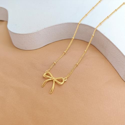 OGD Gold Necklace for Women, Bow Necklace 14K Layered Gold Necklace Dainty Bow Pendant Choker Necklace Trendy Bow Necklace Gold Chain Necklaces for Women Jewelry Gift - color: Beaded Bow-Gold