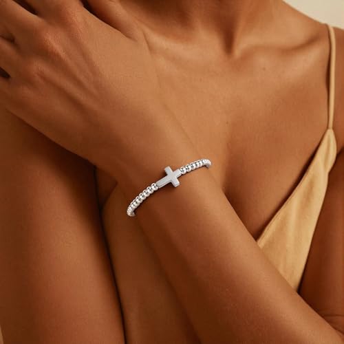 Elastic Beaded Charm Bracelets for Women - Adjustable Stackable Dainty Bracelet with Gold or Silver Charms, Jewelry Gift for Her - style: Sliver-Cross