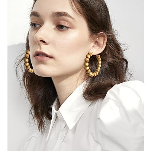 Handmade Nature Wooden Beaded Hoop Earrings Bohemian Minimalist Colorful Circle Round Wood Bead Earrings Vintage Chic Wooden Ethnic Dangle Drop Earrings for Women Statement Jewelry Gifts - color: Brown 10