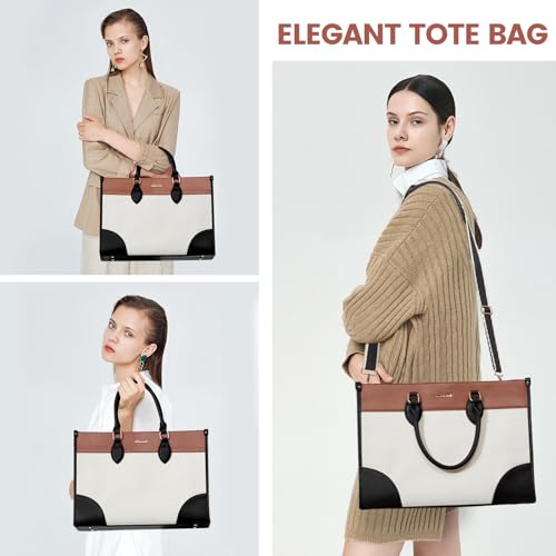 LOVEVOOK Laptop Bag for Women 15.6 lnch,Waterproof Laptops Tote Bags for Womens,Professional Work Bags for Women with Cup Holder,Large Laptop Purse Computer Briefcase Office Teacher Clutch Bag,2 PCS - color: Off-white - Black - Chestnut Brown, size: 15.6