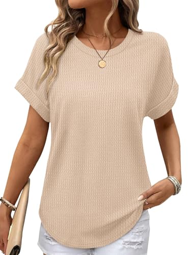 Sampeel Summer Tops for Women 2026 Trendy Rolled Short Sleeve Shirts Waffle Knit Crew Neck Tops Curved Hem Fashion Clothing - color: Beige, size: Small