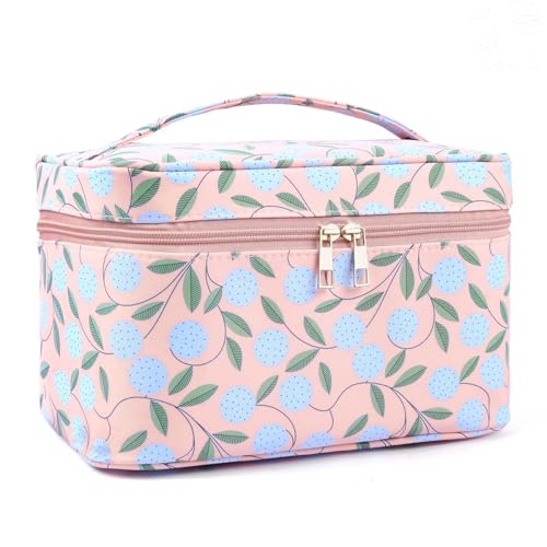 MAANGE Travel Makeup Bag, Cosmetic Bag, Portable Large Capacity Makeup Case, Make Up Organizer For Women, Oxford Cloth Toiletry Bag With Handle (Pink Plants) - color: 1 Piece-Large