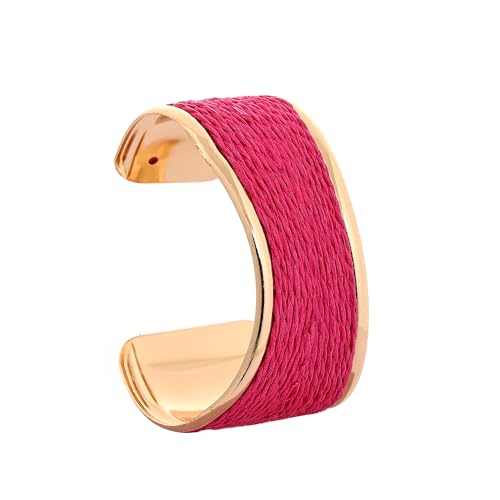 Raffia Colorful Chunky Cuff Bracelet For Women Statement Irregular Wave Vacation Tropical Beachy Spring Summer Wide Open Bangle Handmade Boho Costume Jewelry Accessories - color: Pink