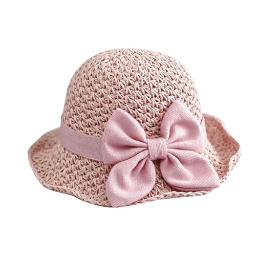 Womens Straw Hat Foldable Wide Brim Floppy Beach Sun Hats, Bucket Cap with Bowknot for Girls - color: Pink