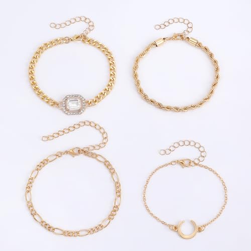 Alegend Titanium Steel (Not Rust, Resist Corruption, Easily Clean) 18K Gold Plated Single Bracelets + 14K Gold Plated Stackable Multilayer Bracelets - style: 14K Gold Plated Four-Layered