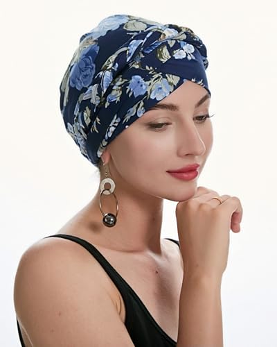 ZLYC Chemo Headwear for Women Pre Tied Turban Headwear Lightweight Beanie Hat - color: Braid Floral Navy