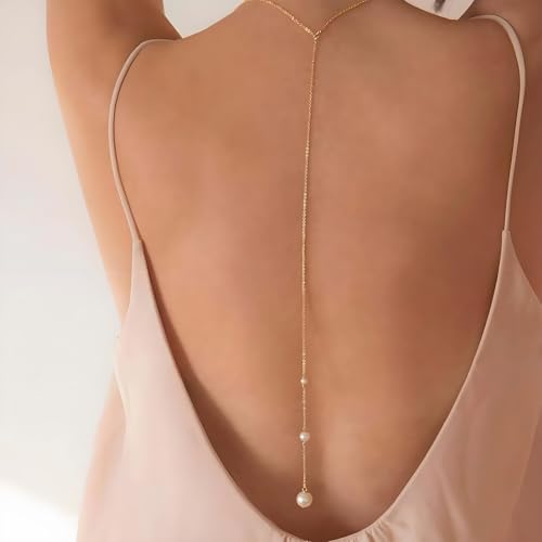 Back Chain Body Chain Jewelry for Summer Outfits Rhinestone Pendant Back Necklace for Backless Dresses - color: A5:Pearl back necklace