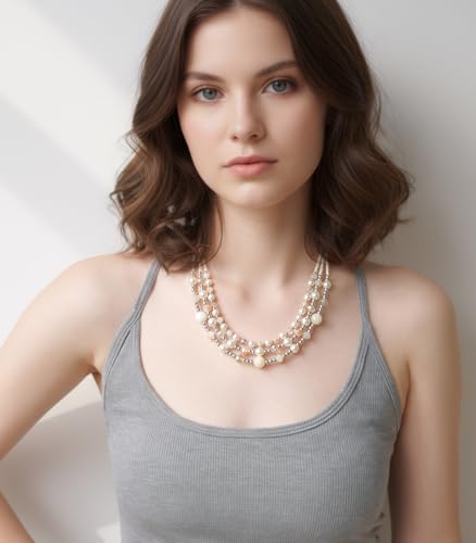 Noessla Beaded Statement Necklaces for Women Layered Chunky Bead Necklace Fashion Costume Jewelry Gifts for Mom - color: Beige