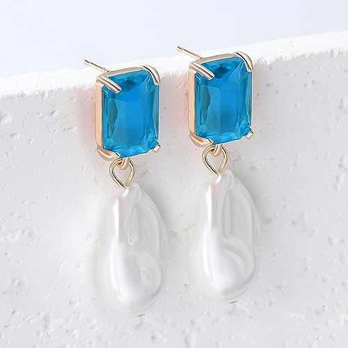 Fashion Pearl Drop Earrings for Women With Crystal - Rhinestone Statement Earrings with Pearl Dangling Studs - Large White Baroque Pearl Earrings for Bridesmaid Wedding Party Birthday Holiday - color: Light Blue