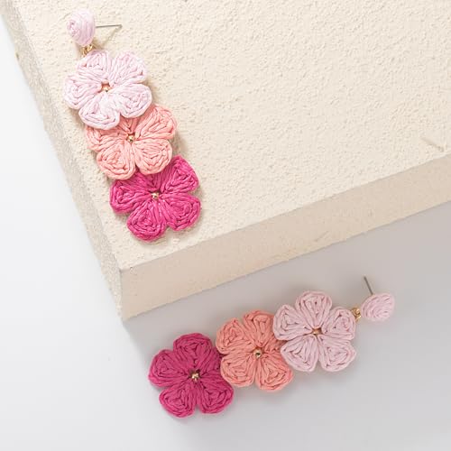 Boho Flower Earrings Statement Raffia Dangle Earrings Cute Floral Jewelry Trendy Summer Beach Vacation Outfits for Women - color: Pink