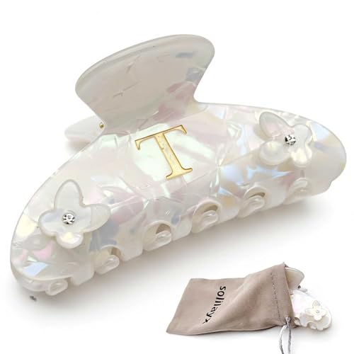 Iridescent Pearl Hair Claw Clip with Butterfly & Initial Charm, Fashionable Acrylic Hair Accessories for Women - color: T
