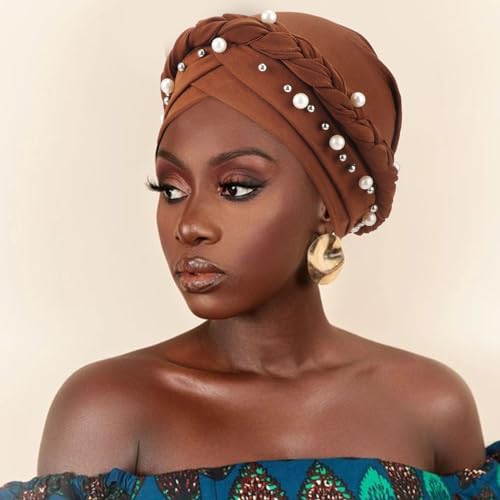 African Women Turban Caps Pre-Tied Twisted Turbans Head Scarf for Women Hair Wraps Cover Beanie Cancer Chemo Headwear - color: 1 Pack Twisted Braid A: Pearls Coffee