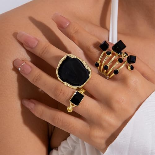 Chunky Gold and Black Two-tone Enamel Drip Band Rings Set for Women, Vintage Statement Large Crystal CZ Ring Big Party Prom Jewelry Gift Accessories - color: Black -Gold