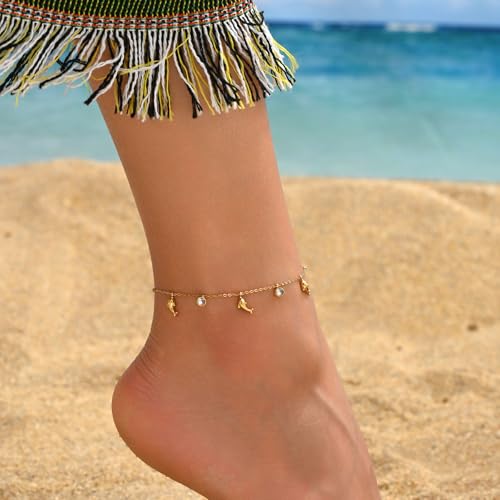 Gold Ankle Bracelets for Women 18K Gold Plated Waterproof Starfish Sea Shell Pearls CZ Diamond Dangle Anklets Trendy Summer Beach Foot Chain Jewelry Gift - style: Dolphin CZ Drop-Gold