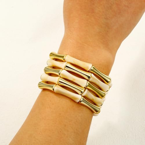Gold Tube Bangle Bracelets for Women Stackable Bamboo Chunky Acrylic Beads Stretch Friendship Summer Beach Bracelet Jewelry - color: Beige
