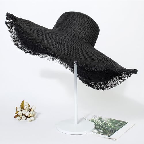 Wide Brim Fashion Boho Fringe Foldable Straw Hat Beach Hat UPF50+UV Protection Summer Hat Sun Hats for Women Travel - color: Milk White