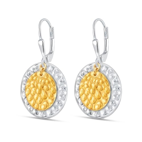 LeCalla 925 Sterling Silver Drop & Dangle Earrings for Women | Handmade Hammered Textured Drop Dangle Earring Jewelry | Women's Hammered Earrings Jewelry for Gift Mom Wife - color: Two-Tone Disc
