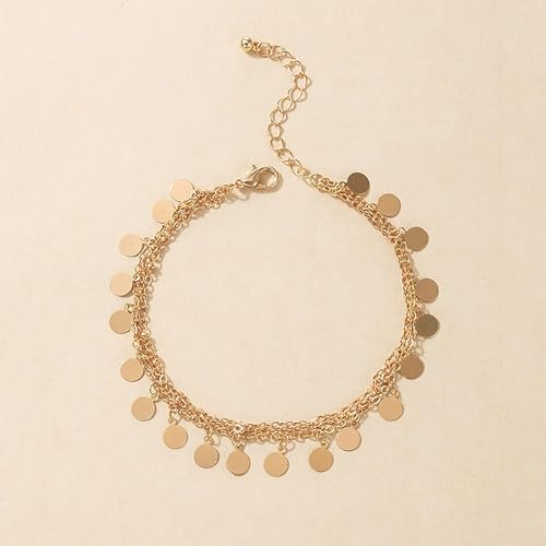 Fesciory Women Heart Anklet Adjustable Beach Layered Ankle Bracelets for Women Gold Alloy Foot Chain Jewelry - color: 3 Layered Disc