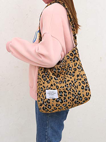 Covelin Women's Retro Large Size Canvas Shoulder Bag Hobo Crossbody Handbag Casual Tote - color: Leopard Brown