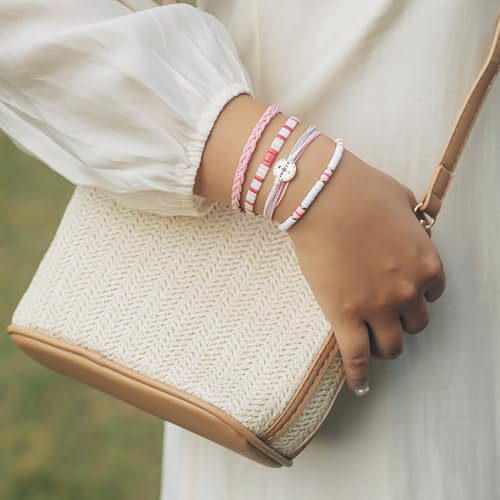 FANCY SHINY Boho Nautical Compass String Bracelets Beaded Clay Beads Bracelet Stackable Friendship Bracelets Summer Beach Outfits for Women Girls - color: Pink