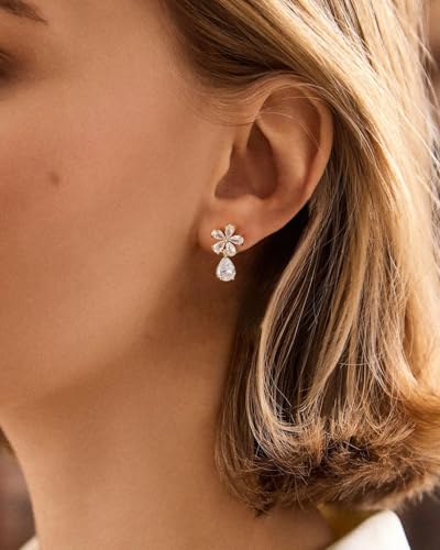 Cubic Zirconia Earrings - 14K Gold/Whte gold/Rose Gold Plated Cubic Zirconia CZ Diamond Wedding Earrings for Women Bridal Bridesmaid - color: Flower Drop