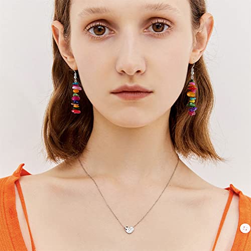 Handmade Bohemian Vintage Silver Nature Stone Beads Long Dangle Drop Earrings for Women - color: Colorful