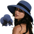 DRESHOW Sun Hats for Women Travel Fedora Foldable Beach Sun Hat Summer Wide Brim Straw Bucket Hat with Bowknot UPF 50+ - color: 1 Pack With Bowknot: Navy With Black Band
