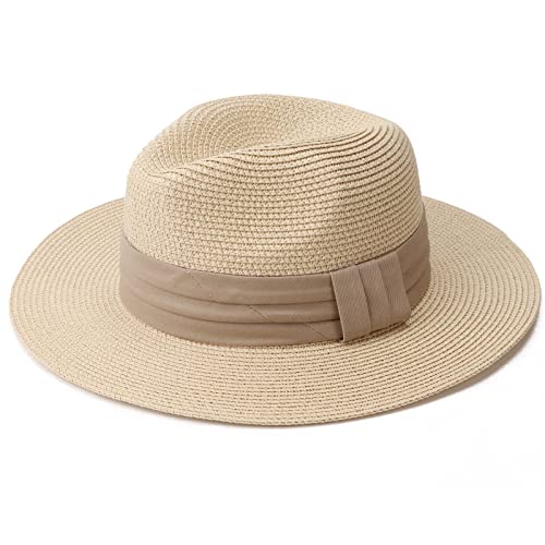 DRESHOW Women Straw Panama Hat Travel Fedora Beach Sun Hat Summer Wide Brim Straw Roll up Hats UPF 50+ - color: Wide Brim Hat: Khaki Square Knot