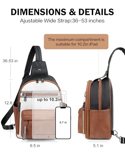 FADEON Large Sling Bag for Women, Leather Crossbody Purse Designer Anti Theft Sling Backpack, RFID Fanny Packs for Travel - color: Black-beige-brown Retro Style
