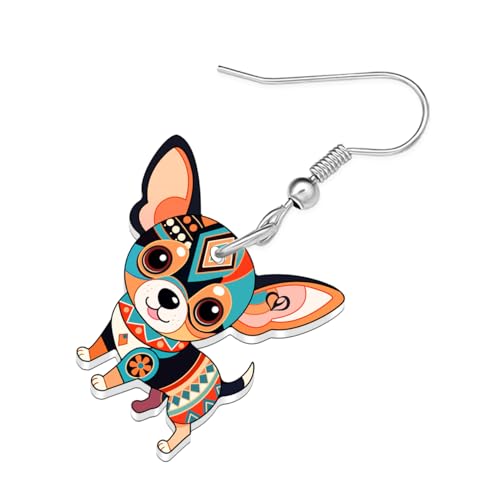 BONSNY Colorful Cute Chihuahua Dangle Earrings Mexican Folk Art Style Dog Pets Design Gifts for Chihuahua Lovers Women Fun Hypoallergenic Jewelry Accessories - color: Brown