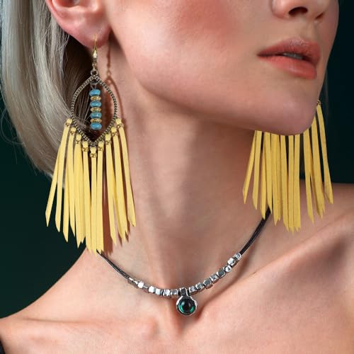 Long Bohemian Fringe Leather Earrrings Handmade Tassel Earrings with Turquoise Christmas Long Dangle Earrings for Women rodeo jewelry - color: 4