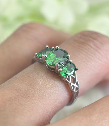 Celtic Birthstone Rings for Women 925 Sterling Silver Celtic Knot Ring 3-Stone Promise Rings for Her Wife Birthday Anniversary Wedding Jewelry - color: 05-May-Emerald