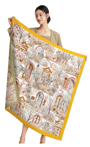 100% Silk Scarves, Extra-Large and XX-Large - color: Zebra and Giraffe, Goldenrod/Beige, Double-sided, Hand Rolled Edges