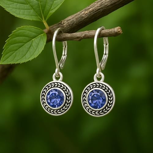 Savma Handmade 925 Sterling Silver Leverback Earrings for Women, Vintage Celtic Round Crystal Dangle Drop Earrings, Lightweight Boho Hypoallergenic Jewelry Gift - color: Dark Blue Stone