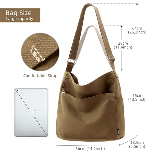 KALIDI Canvas Tote Bag Large Hobo Crossbody Shoulder Handbag Zipper Messenger Bag for Women or Men Casual College Work - color: Abrown