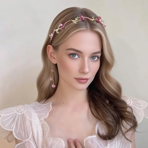 AHONEY Pink Flower Crown Headband for Women Girls Hair Vine Floral Leaf Boho Headband Wedding Fairy Hair Accessories Headpiece - color: Pink