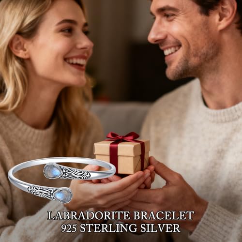 925 Sterling Silver Genuine Gemstone Bracelet for Women Men Handmade Adjustable Boho Navajo Style Bangle Cuff Natural Stone Jewelry Gift - color: Labradorite