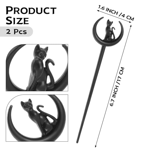 2pcs Cat Moon Hair Styling Pins Black Wicca Witch Hair Slide Renaissance Festival Hair Acceossories for Women Hair Stick