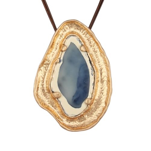 GelConnie Leather Necklace for Women Large Pendant Long Brown Necklace Circle Leather Choker Vintage Sweater Necklace Gold Chunky Boho Necklaces for Women - style: Blue Big Pendant Necklaces