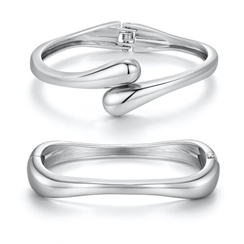 Chunky Gold Bangle Bracelets for Women Trendy 14K Gold Plated Cuff Bracelets Stack, Dainty Gold Bracelet Sets Non Tarnish Fashion Jewelry Gift - style: 2pcs-Silver-WaveTwinDrop