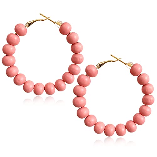 Handmade Nature Wooden Beaded Hoop Earrings Bohemian Minimalist Colorful Circle Round Wood Bead Earrings Vintage Chic Wooden Ethnic Dangle Drop Earrings for Women Statement Jewelry Gifts - color: Watermelon Red