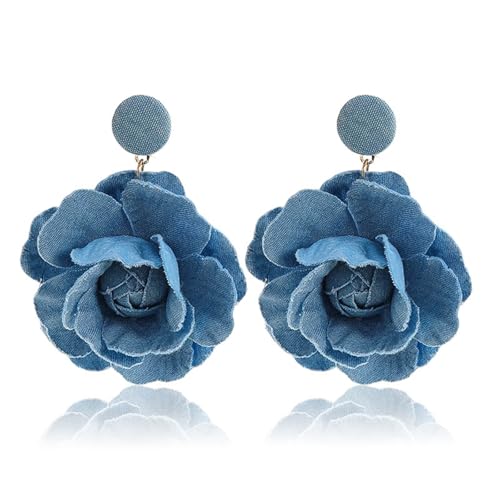 coadipress Boho Denim Camellia Flower Dangle Earrings for Women Exaggerated Big Layered Tiered Blossom Floral Drop Long Earring Chic Statement Earrings Wedding Bridal Jewelry Gifts - style: Flower Light Blue