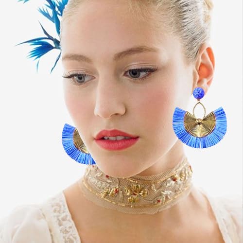 Anmpab Straw Fan Bohemian Tassel Earrings for Women Trendy Colorful Fringe Summer Beach Statement Earrings - color: Blue